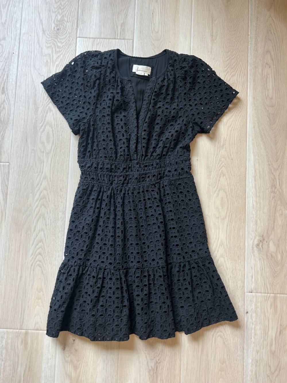 Anthropologie Somerset Black Eyelet Tiered Mini Dress | Smocked Waist Boho